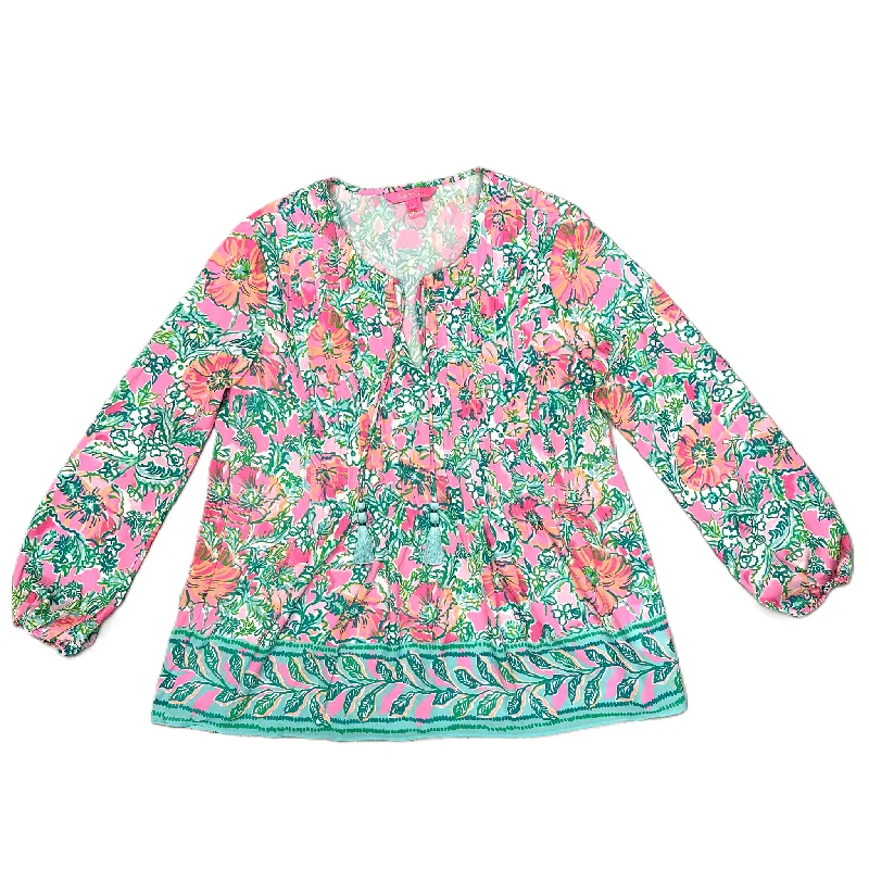 Varsity Jackets Top Long Sleeve Designer By Lilly Pulitzer In Green & Pink, Size: S