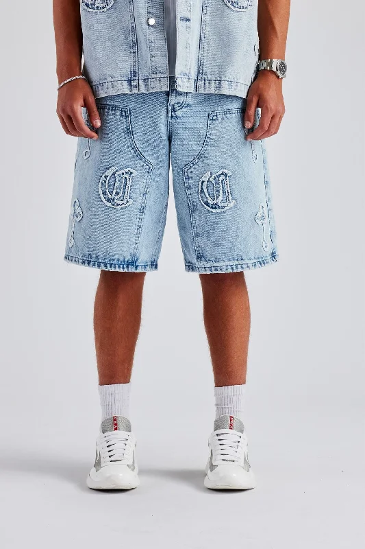 Everyday Wear Raw Edge Applique Carpenter Bermuda Denim Short - Ice Blue