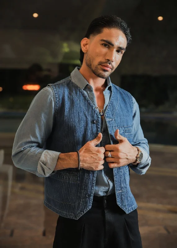 Streetwear Look Denim Blue Striped Waistcoat