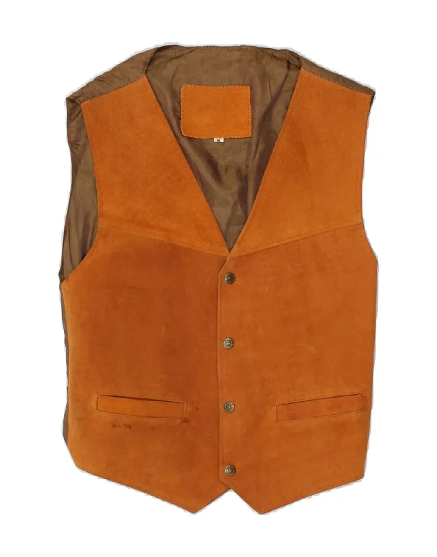 Versatile Looks VINTAGE Mens Suede Waistcoat Small Brown Colourblock Leather