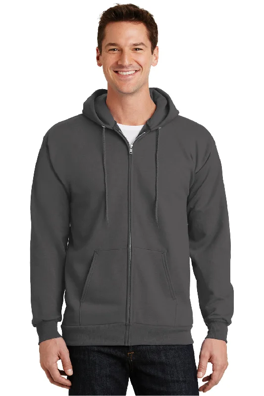 Cozy Essentials Port & Company Mens Essential Pill Resistant Fleece Full Zip Hooded Sweatshirt Hoodie w/ Pockets - Charcoal Grey