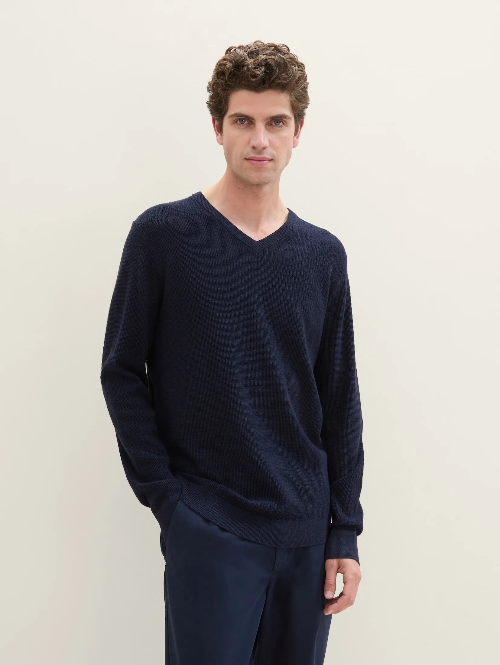 Outdoor Clothing Tom tailor Textured V-Neck Navy Sweater