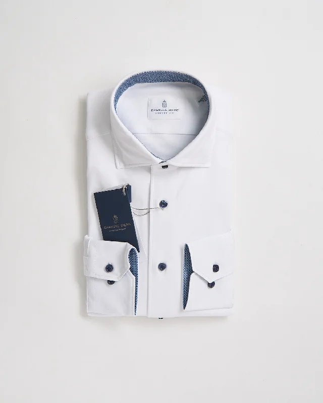 Stylish Looks Modern Fit 'Albini 4 Flex' Solid White Stretch Knit Shirt With Navy Buttons