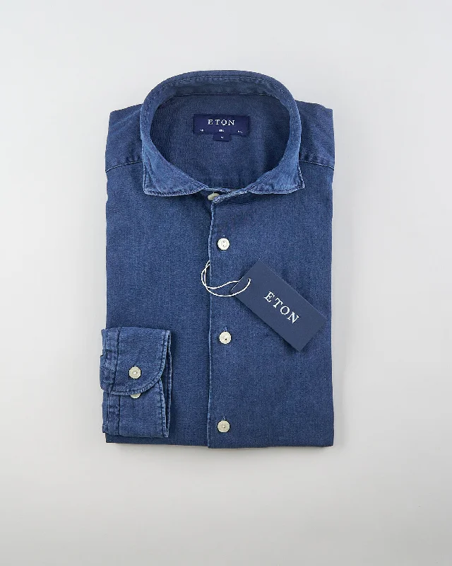 Street Gear Navy Blue Stretch Denim Spread Collar Slim Shirt