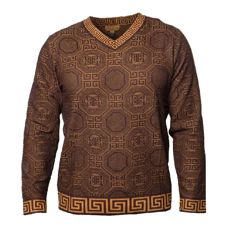 Soft Materials Prestige Brown Greek Key V-Neck Sweater - SW-468