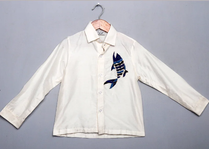 Athletic Gear Pre-Order: White Full Shirt with Hand Fish Embroidery