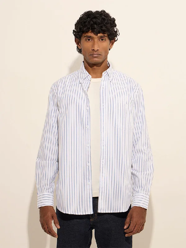 Modern Style WES Casuals White Striped Relaxed-Fit Cotton Shirt