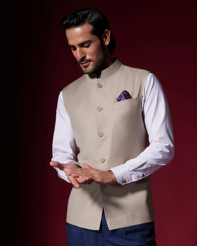 Laid-Back Style Honeydew Blended Wool Nehru Jacket - Beige