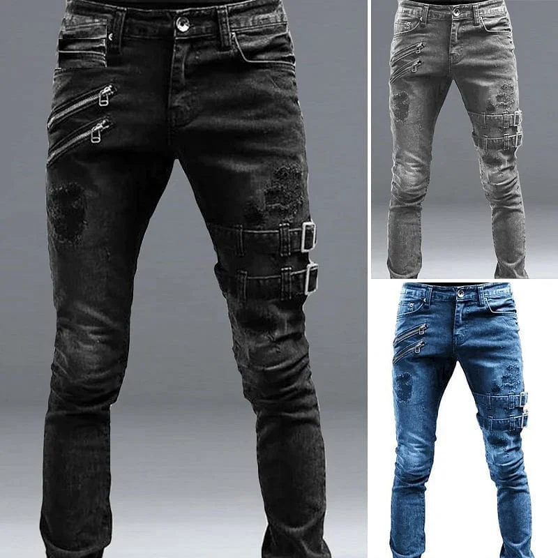 Stylish Blazers Men's Casual Ripped Zippers & Buckles Jeans