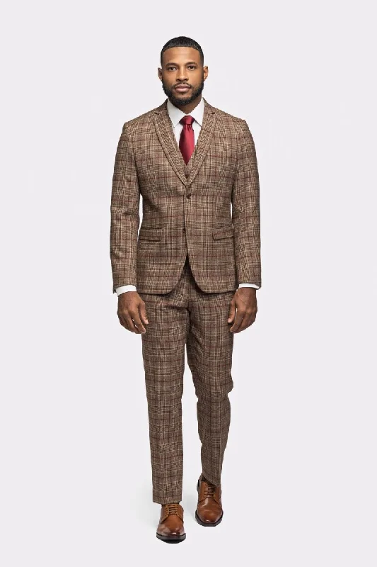 Varsity Jackets Brown Burgundy Plaid Flannel 3 Piece Suit