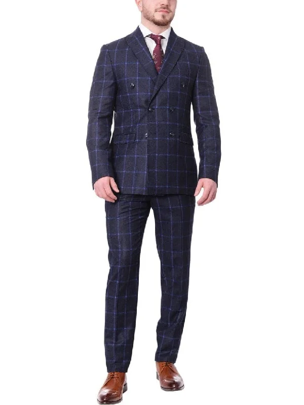 Cozy Sweatshirts Carducci Mens Navy Blue Windowpane 100% Wool Flannel Slim Fit Suit