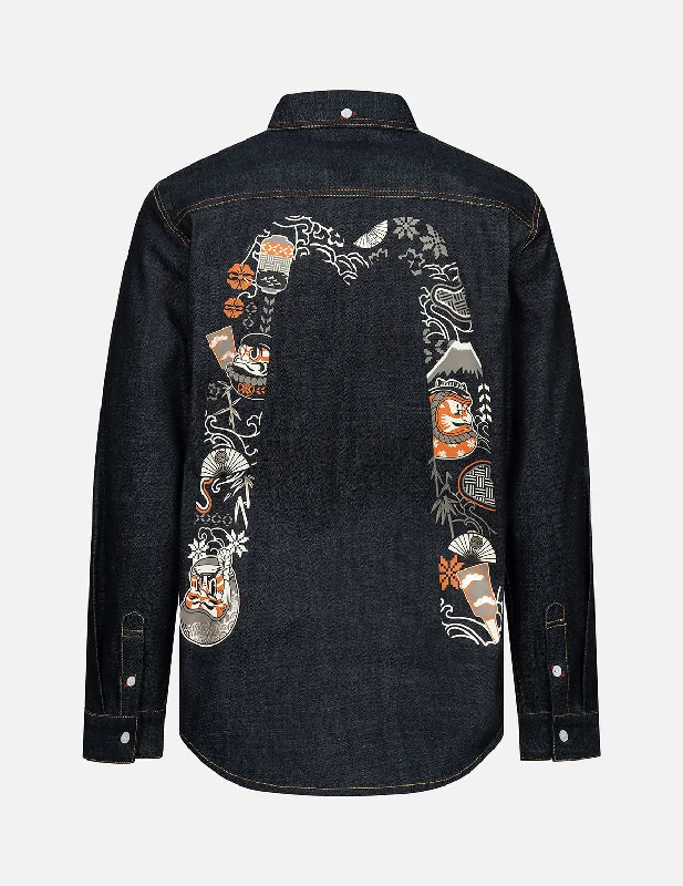 Luxury Comfort Kumadori Daruma Daicock Print Regular Fit Denim Shirt