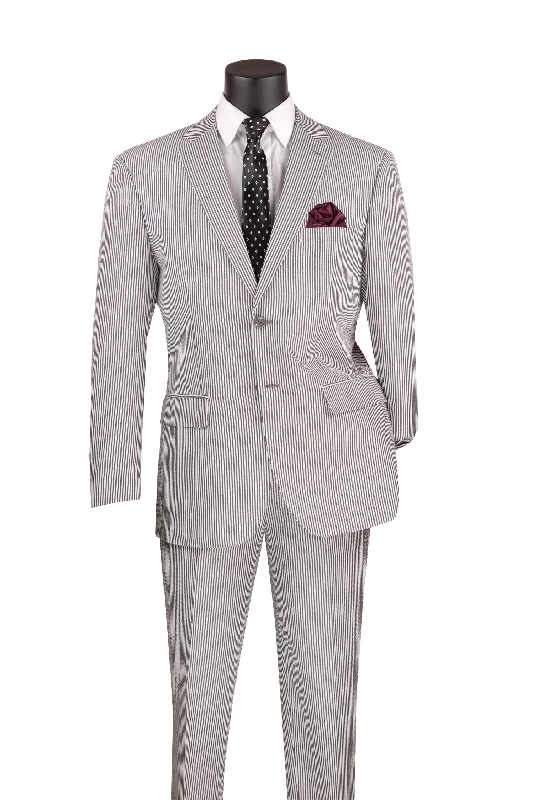 Sport Chic MEN'S 2PC SEERSUCKER MODERN FIT SUIT IN BLACK PINSTRIPE