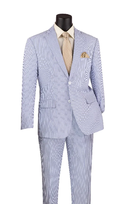 Flexible Wear MEN'S 2PC SEERSUCKER MODERN FIT SUIT IN BLUE PINSTRIPE