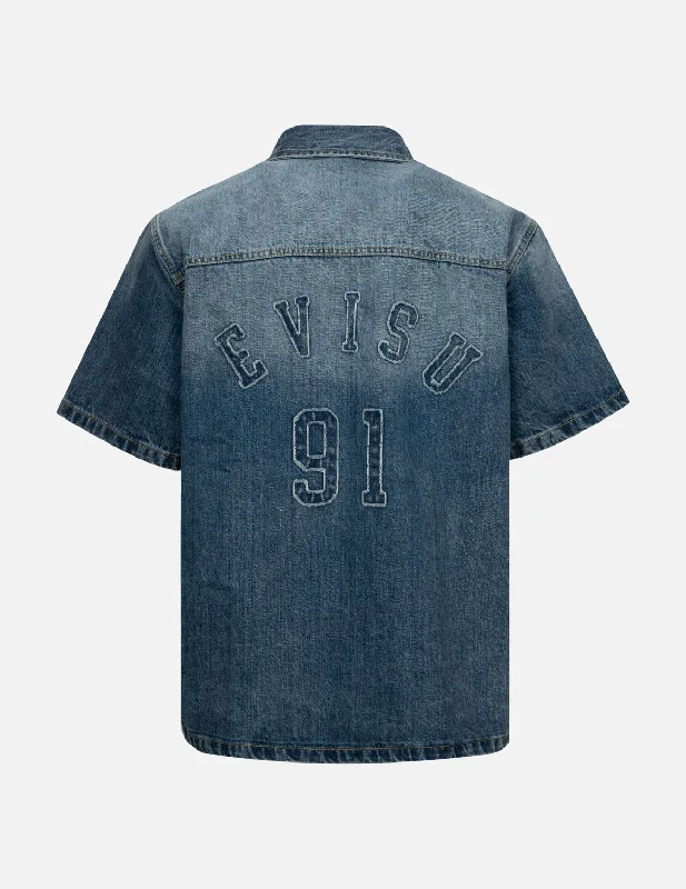 Warm Essentials Seagull and Logo Appliqué Embroidery Boxy Denim Short-Sleeves Shirt