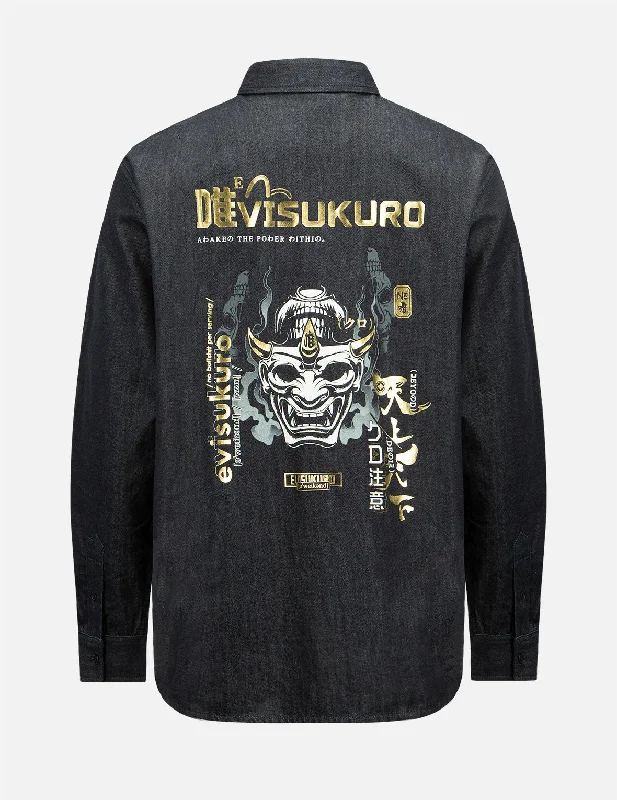 Graphic Caps Smoky Hannya Skull Print Denim Shirt